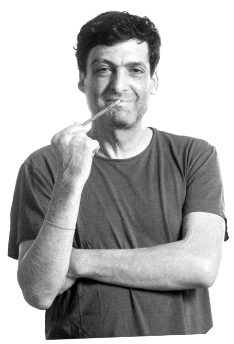 Outlined photo of Dan Ariely holding a pencil close to his mouth and smiling